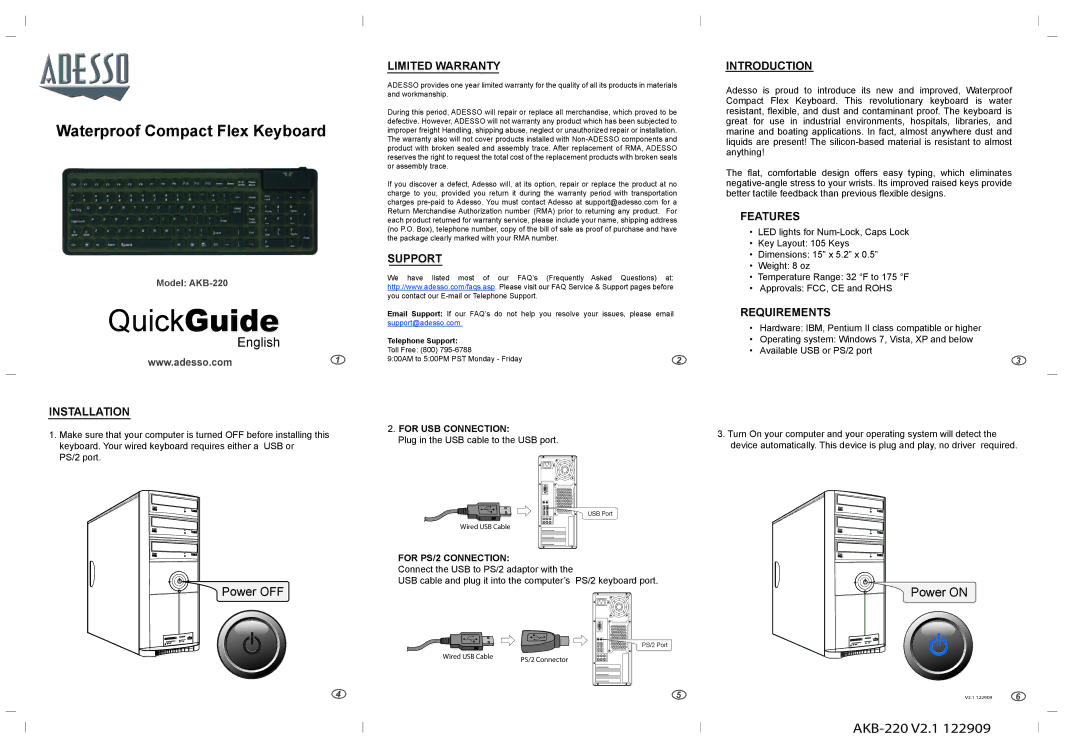 Adesso AKB-220 warranty Installation, Limited Warranty, Support, Introduction, Features, Requirements 