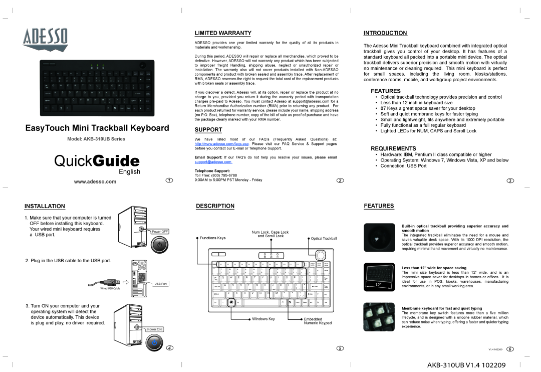Adesso AKB-310UB warranty QuickGuide, EasyTouch Mini Trackball Keyboard, English, Limited Warranty, Support, Introduction 