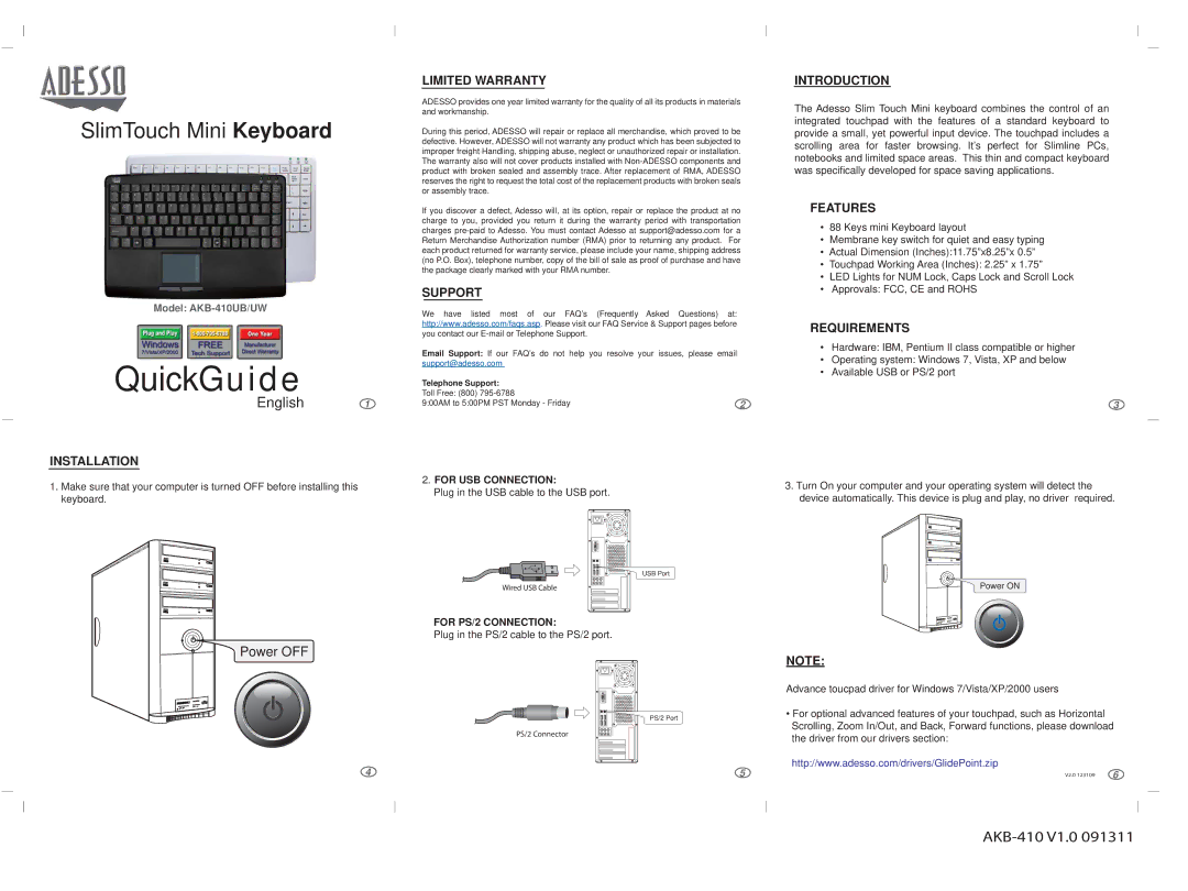 Adesso AKB-410UB/UW warranty QuickGuide, English, Power OFF 