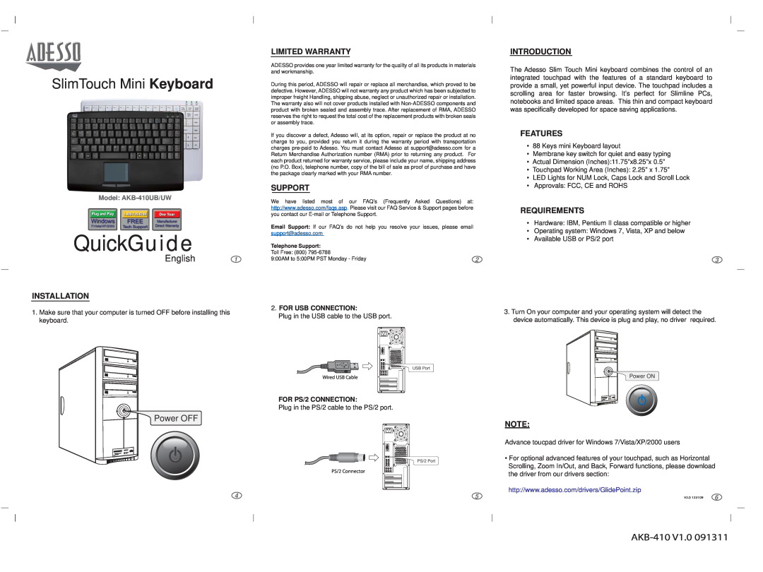 Adesso AKB-410UB/UW warranty QuickGuide, SlimTouch Mini Keyboard, AKB-410 V1.0, English, Power OFF, Installation, Support 