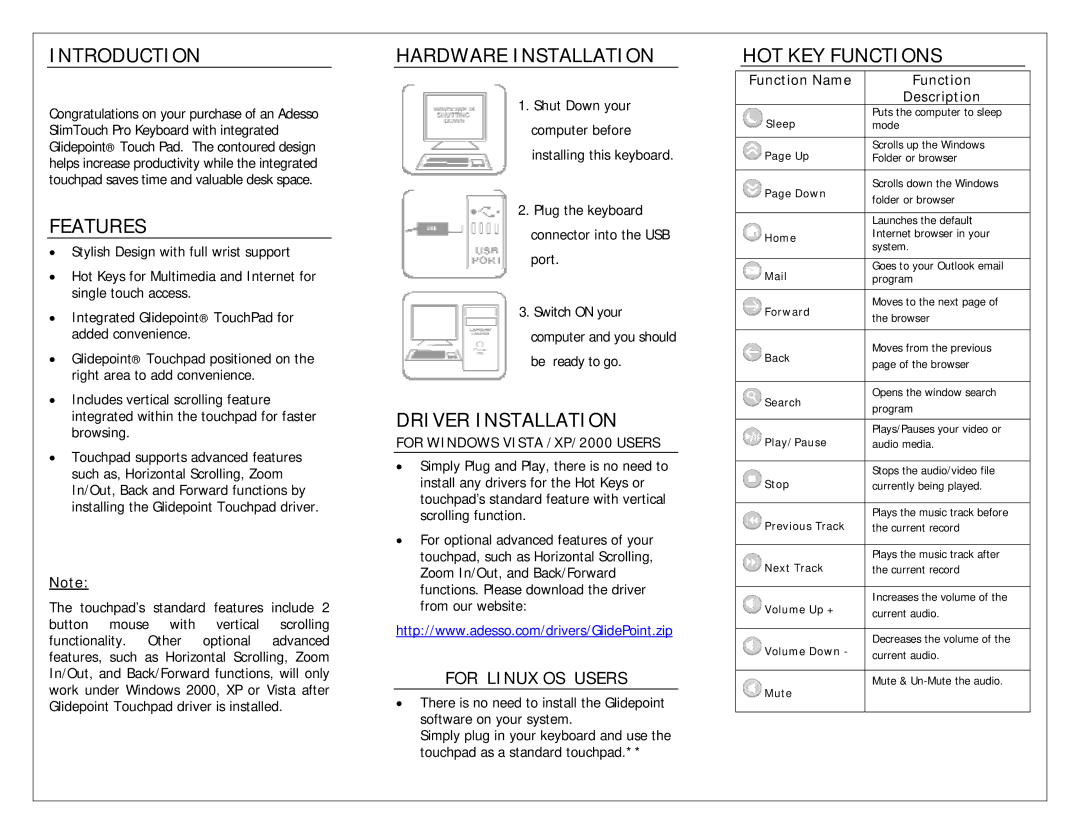 Adesso AKB-420UB warranty Introduction, Features, Hardware Installation, Driver Installation, HOT KEY Functions 