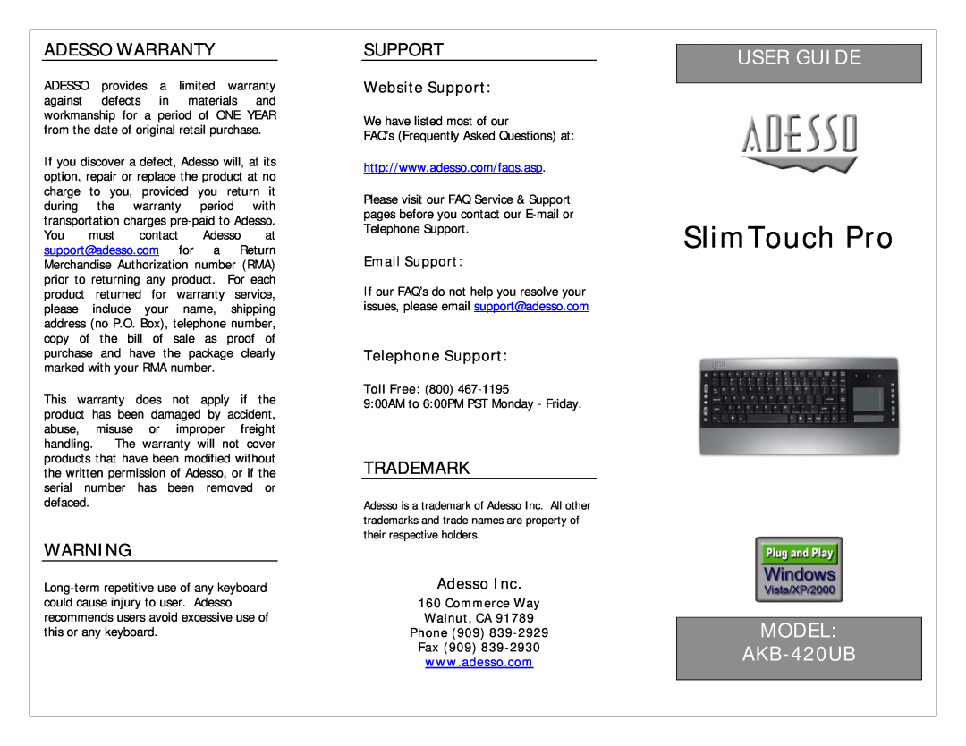 Adesso AKB-420UB warranty Adesso Warranty, Trademark, Website Support, Telephone Support, Adesso Inc, SlimTouch Pro 