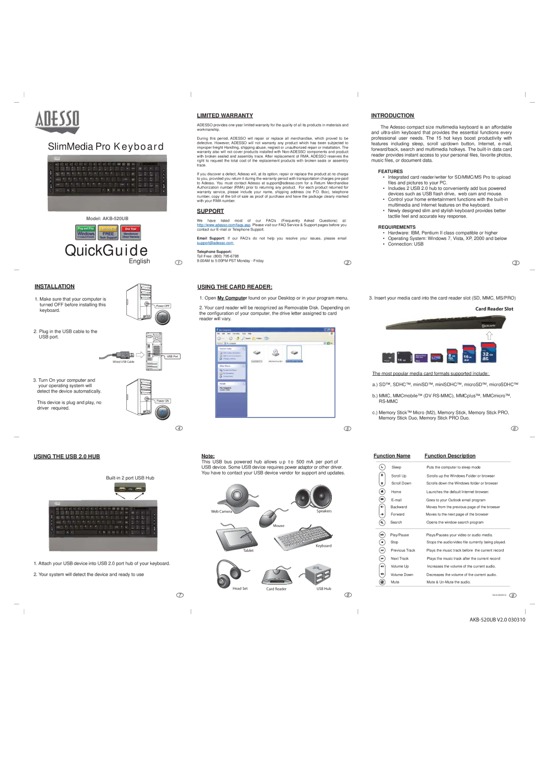 Adesso AKB-520UB warranty Limited Warranty, Support, Introduction, Installation, Using the Card Reader 