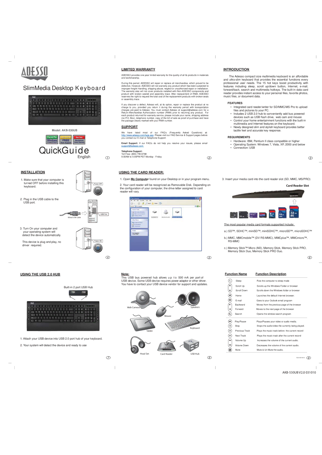 Adesso AKB-530UB warranty Limited Warranty, Support, Introduction, Installation, Using the Card Reader 