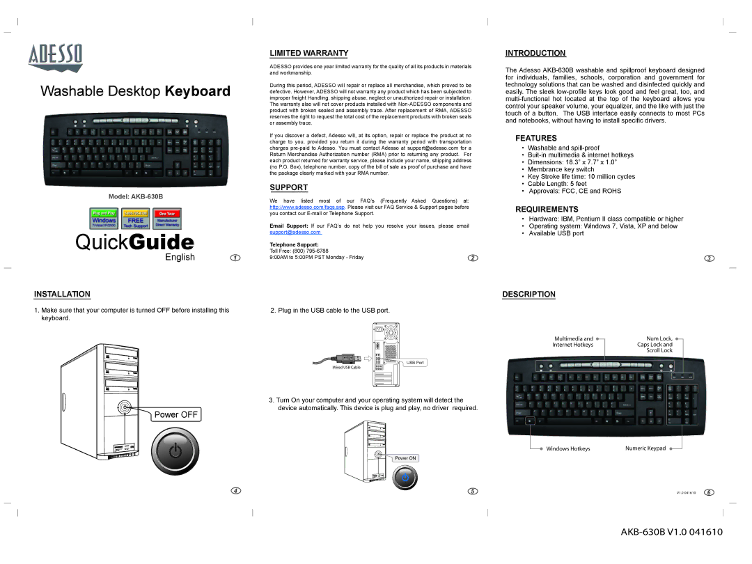 Adesso warranty QuickGuide, English, AKB-630B V1.0, Power OFF 