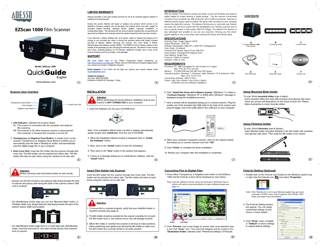 Adesso EZSCAN 1000 specifications Specifications, Contents 