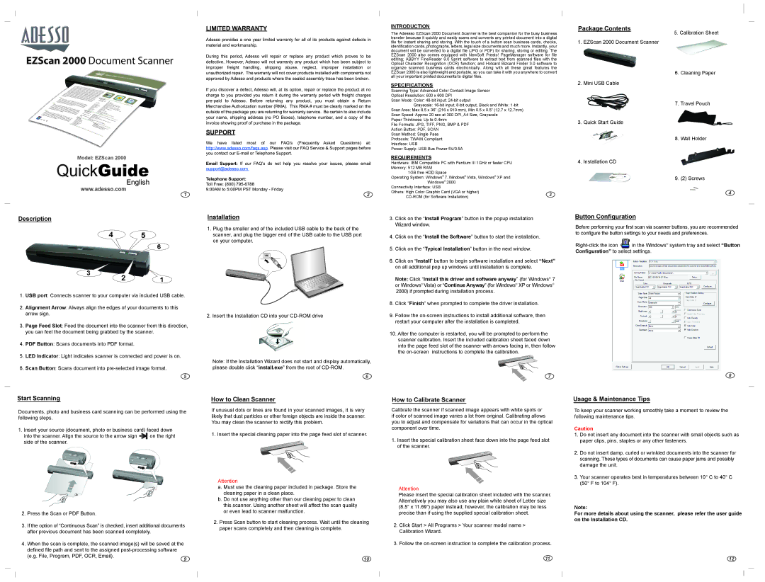 Adesso EZSCAN 2000 specifications Package Contents, Description, Installation, Button Configuration, Start Scanning 