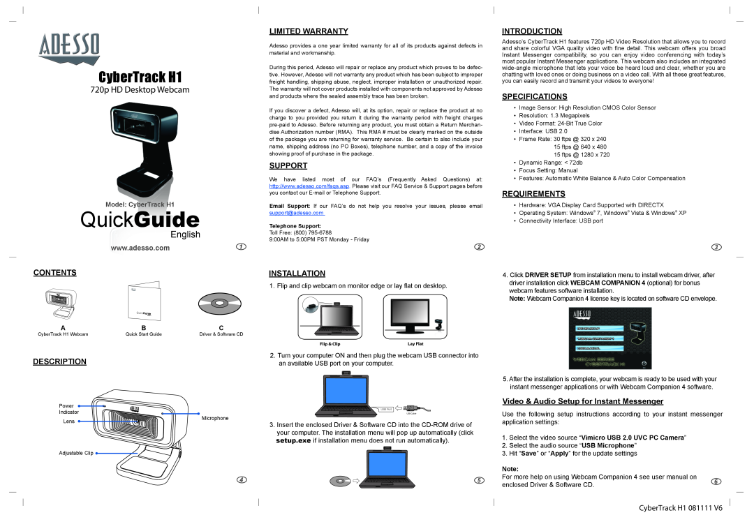 Adesso specifications QuickGuide, CyberTrack H1, 720p HD Desktop Webcam, English, Contents, Description, Support 