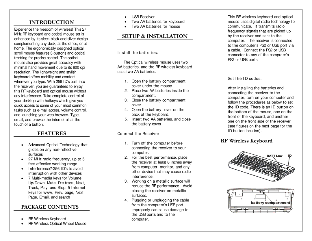 Adesso KB-998 warranty Introduction, Features, Package Contents, Setup & Installation 