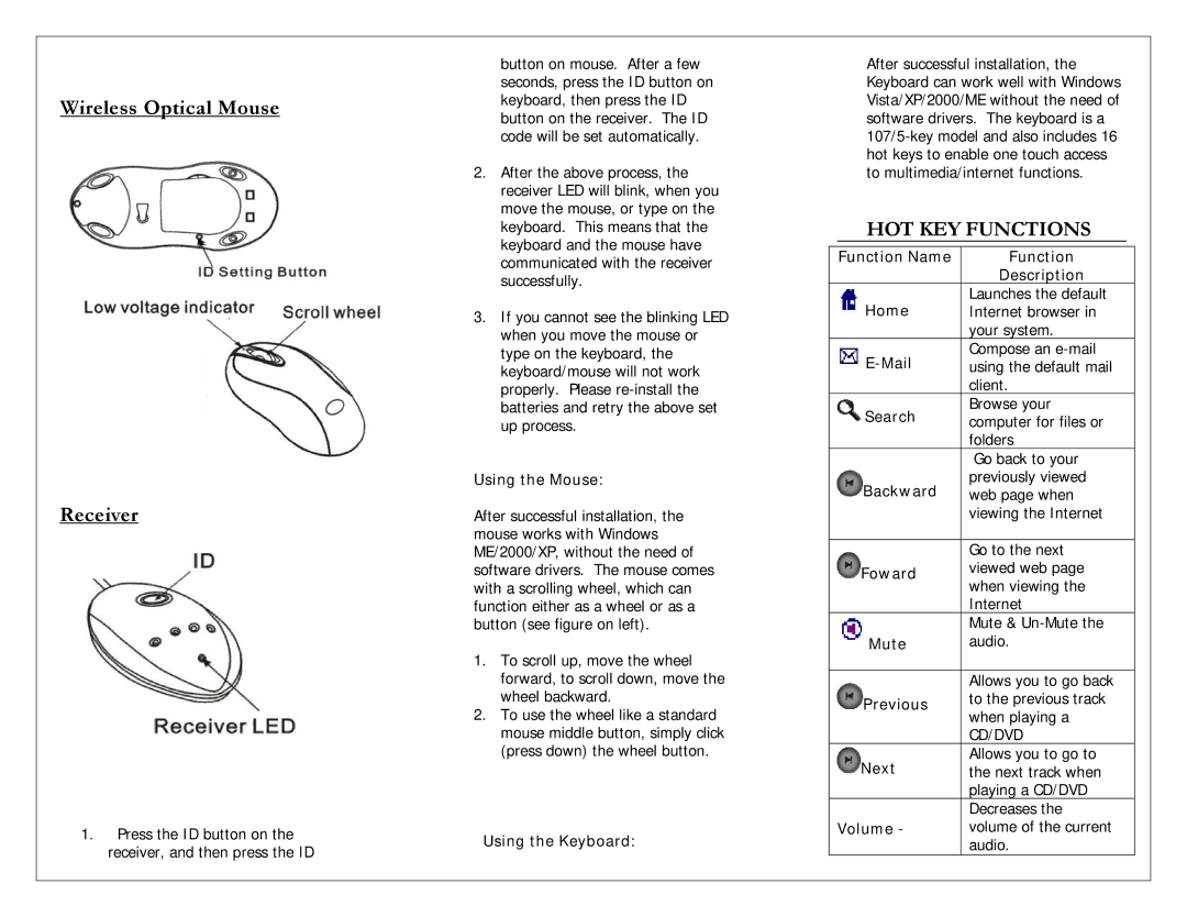 Adesso KB-998 warranty HOT KEY Functions 