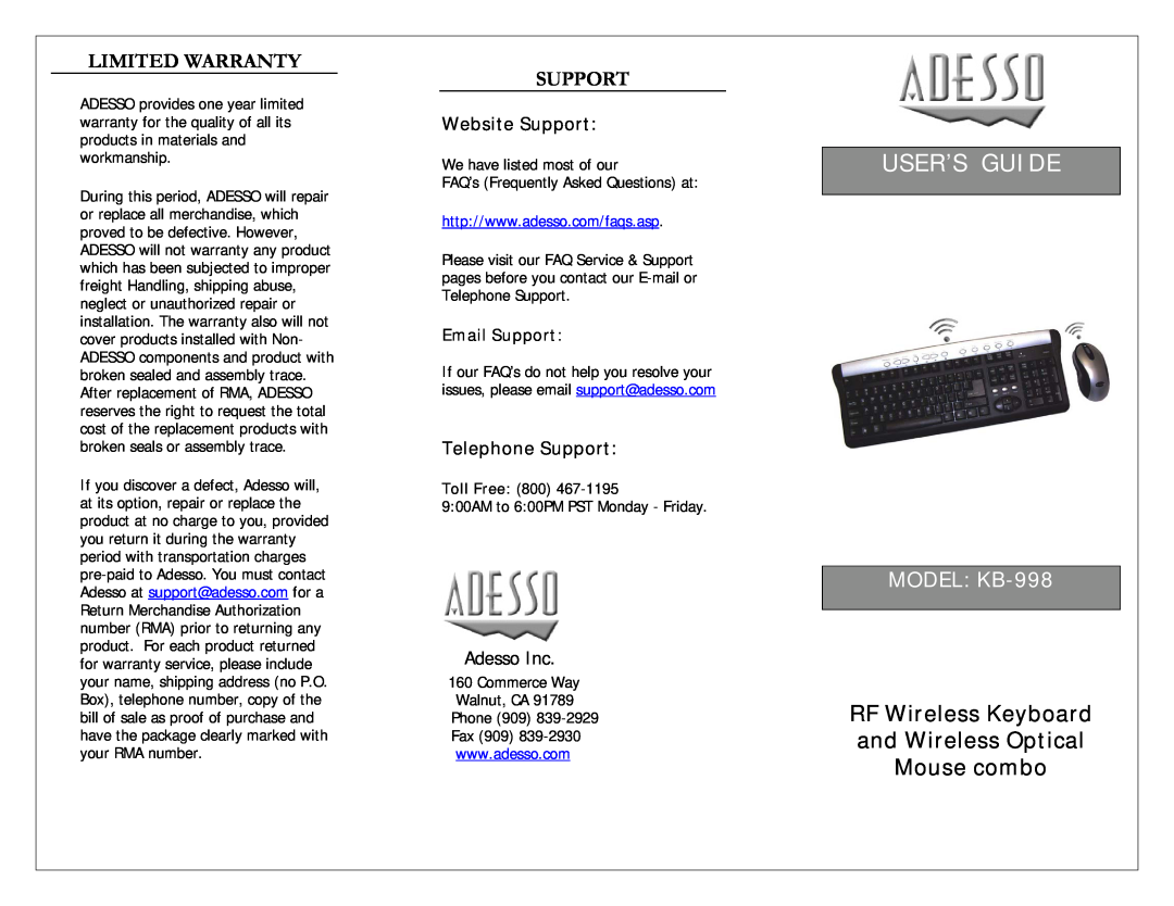 Adesso KB-998 warranty Limited Warranty, Support, User’S Guide, RF Wireless Keyboard and Wireless Optical Mouse combo 