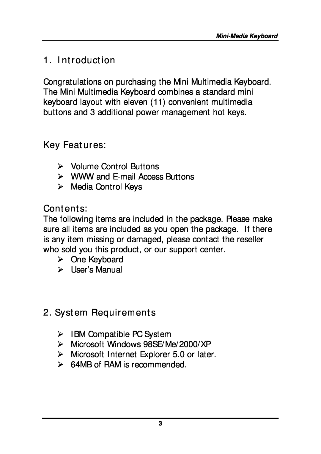 Adesso MCK-91 user manual Introduction, Key Features, Contents, System Requirements 