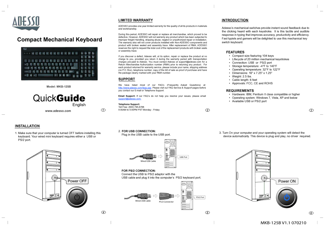 Adesso MKB-125B warranty Installation, Limited Warranty, Support, Introduction, Features, Requirements 