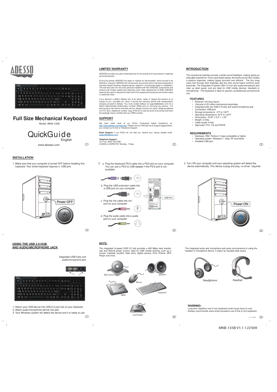 Adesso MKB-135B warranty Power OFF, Power on 