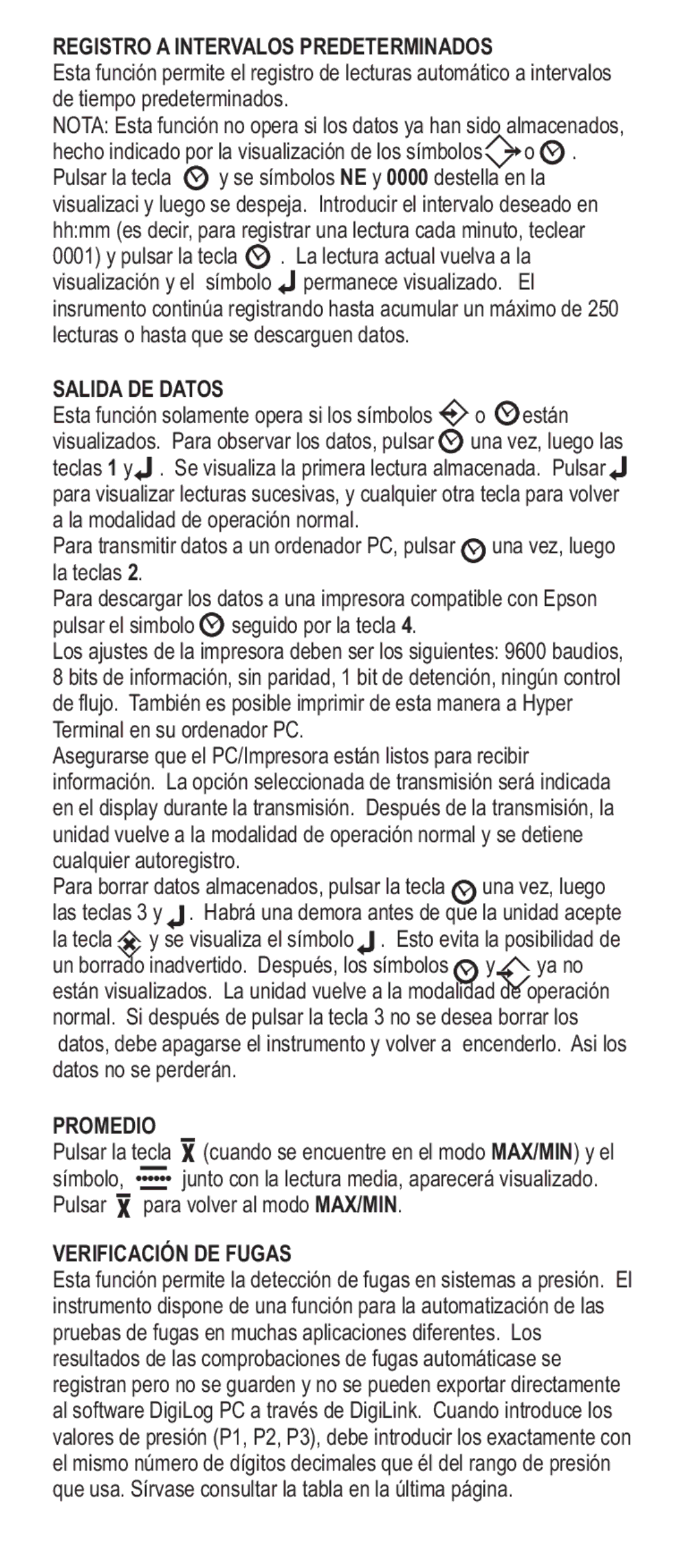 Adesso Series 2000 manual Registro a Intervalos Predeterminados, Salida DE Datos, Promedio, Verificación DE Fugas 