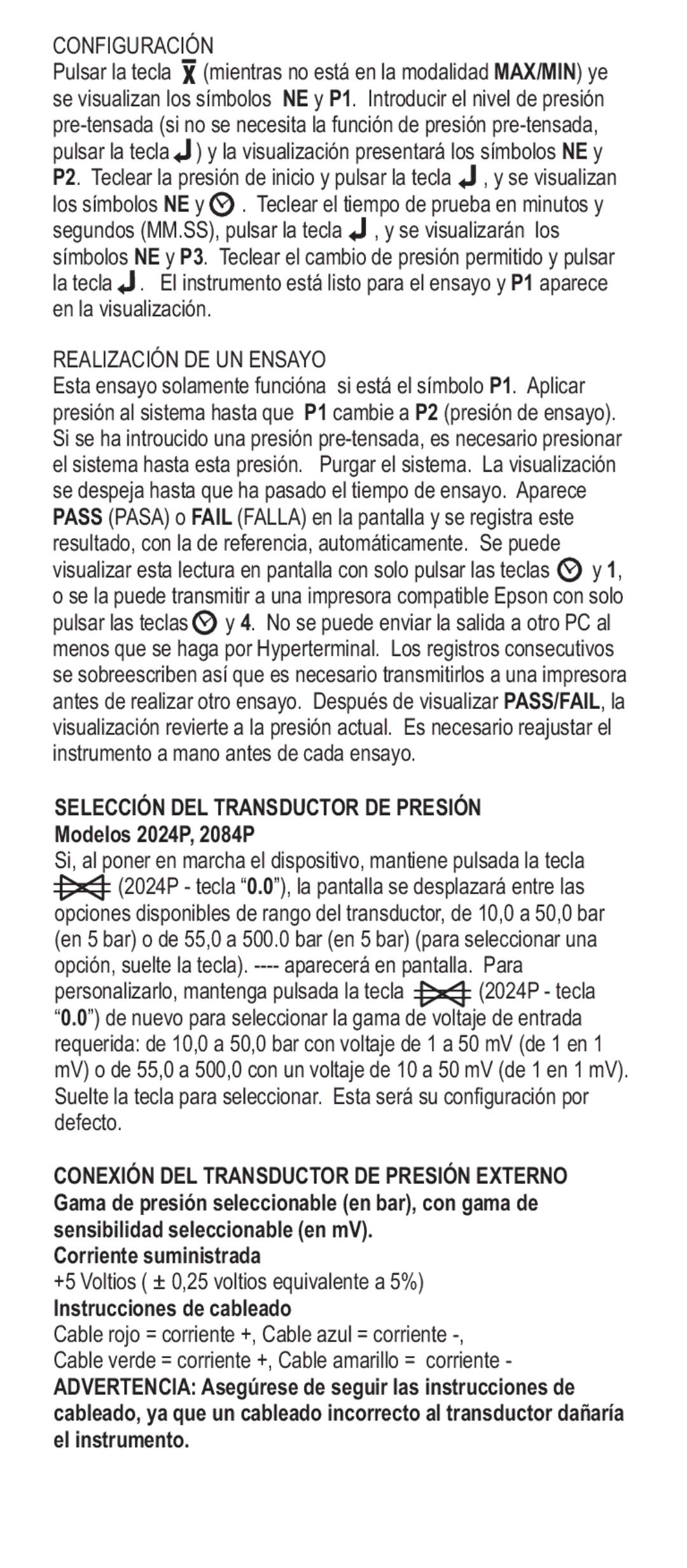 Adesso Series 2000 Configuración, Realización DE UN Ensayo, Selección DEL Transductor DE Presión, Modelos 2024P, 2084P 