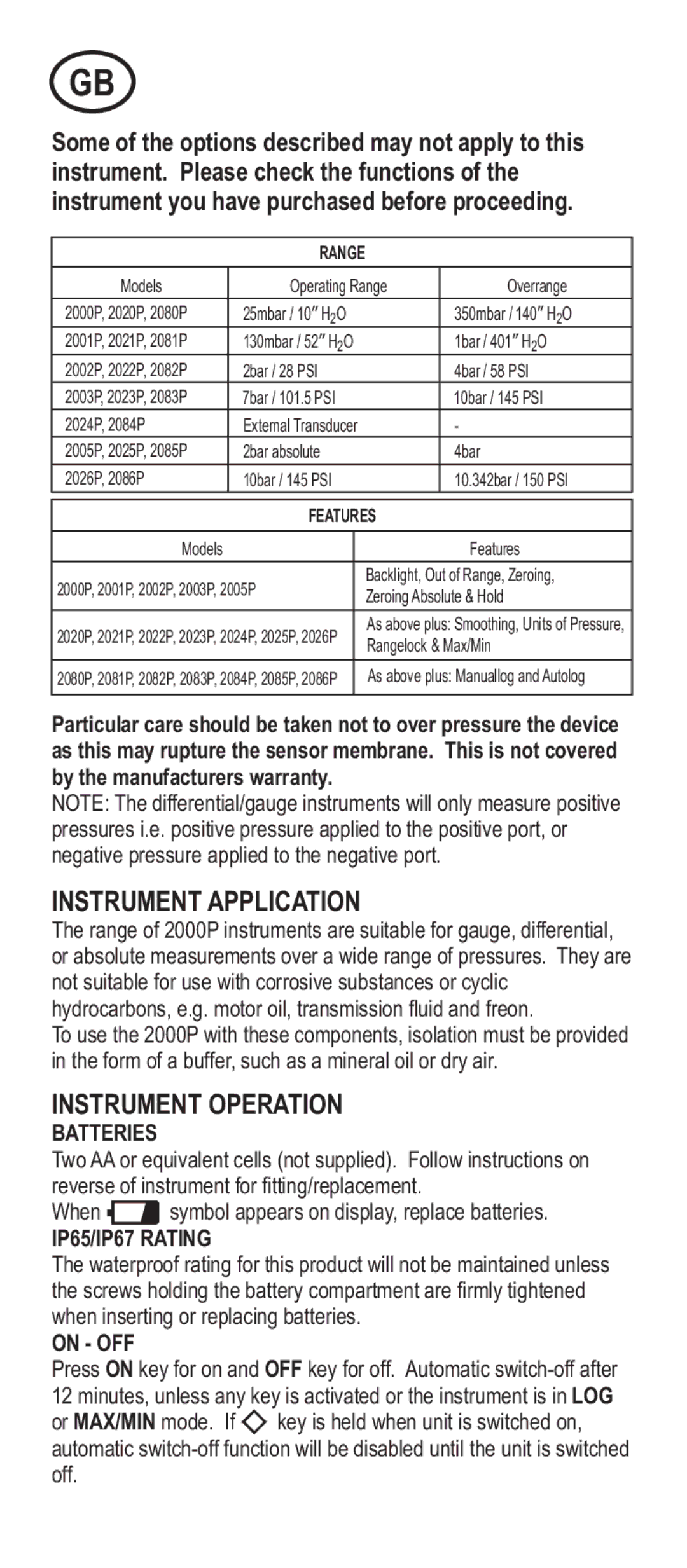 Adesso Series 2000 manual Instrument Application, Instrument Operation, Batteries, IP65/IP67 Rating, On OFF 