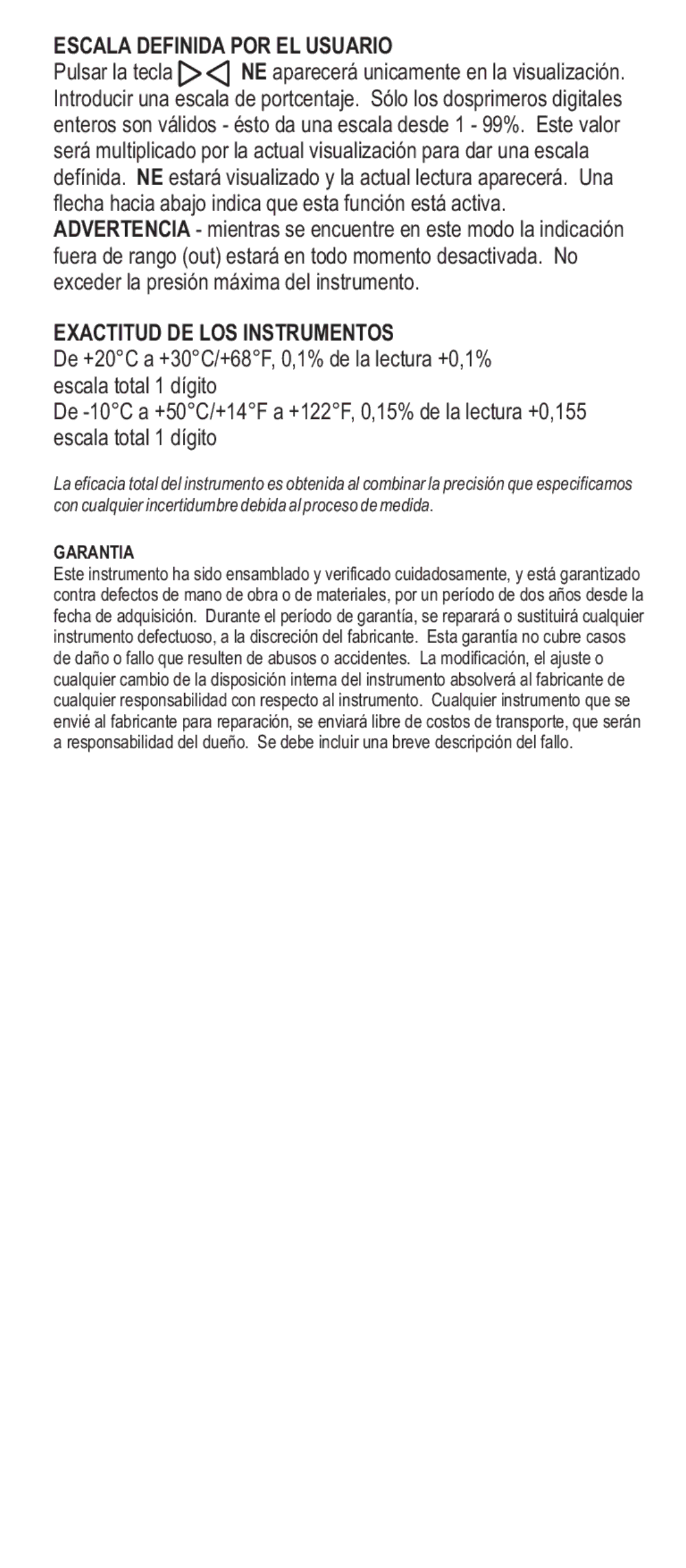 Adesso Series 2000 manual Escala Definida POR EL Usuario, Exactitud DE LOS Instrumentos, Garantia 