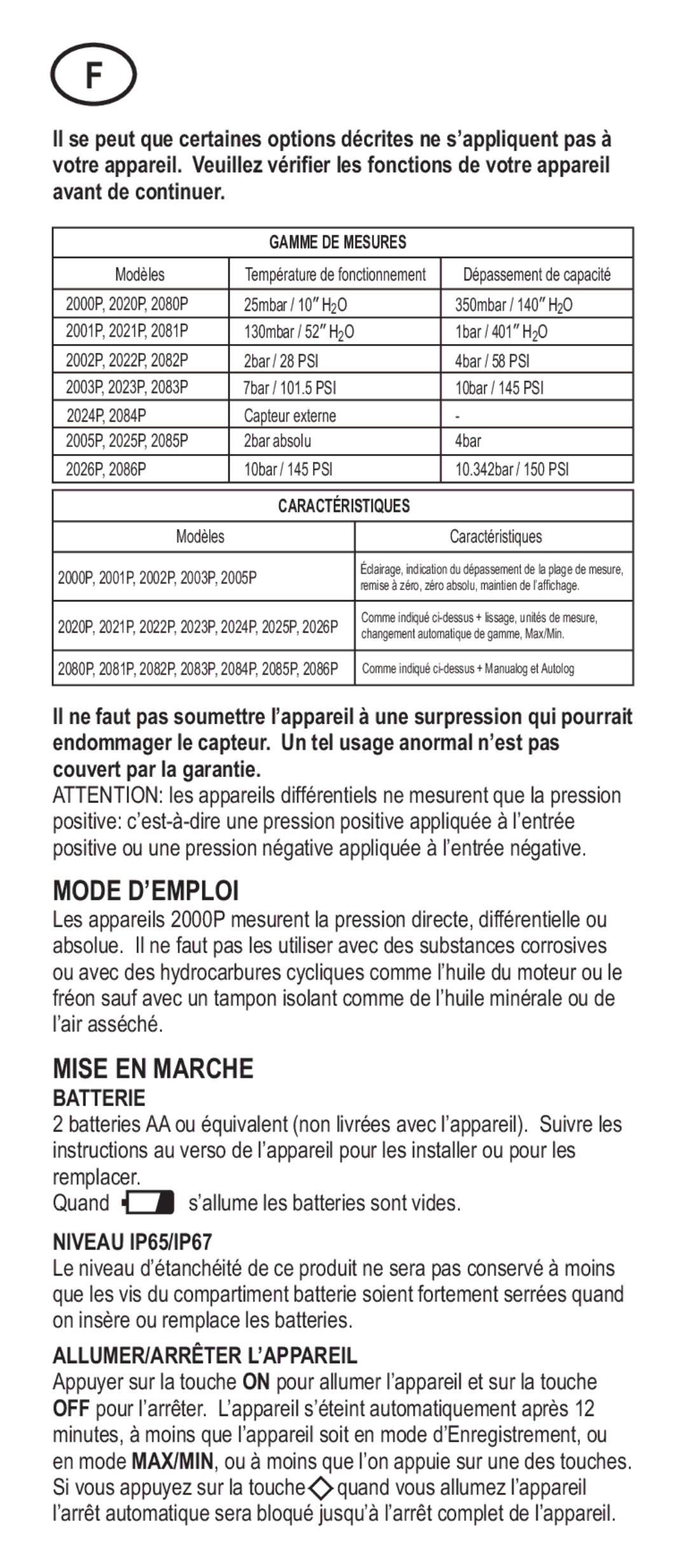 Adesso Series 2000 manual Mode D’EMPLOI, Mise EN Marche, Batterie, Niveau IP65/IP67, Allumer/Arrêter L’Appareil 