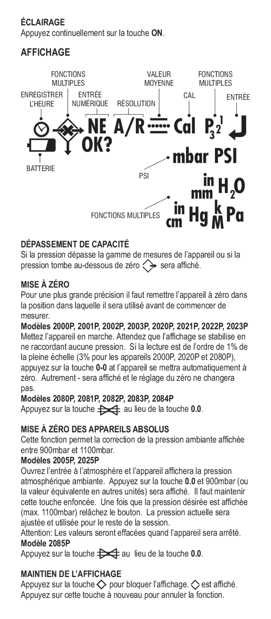 Adesso Series 2000 Éclairage, Dépassement DE Capacité, Mise À Zéro DES Appareils Absolus, Maintien DE L’AFFICHAGE 