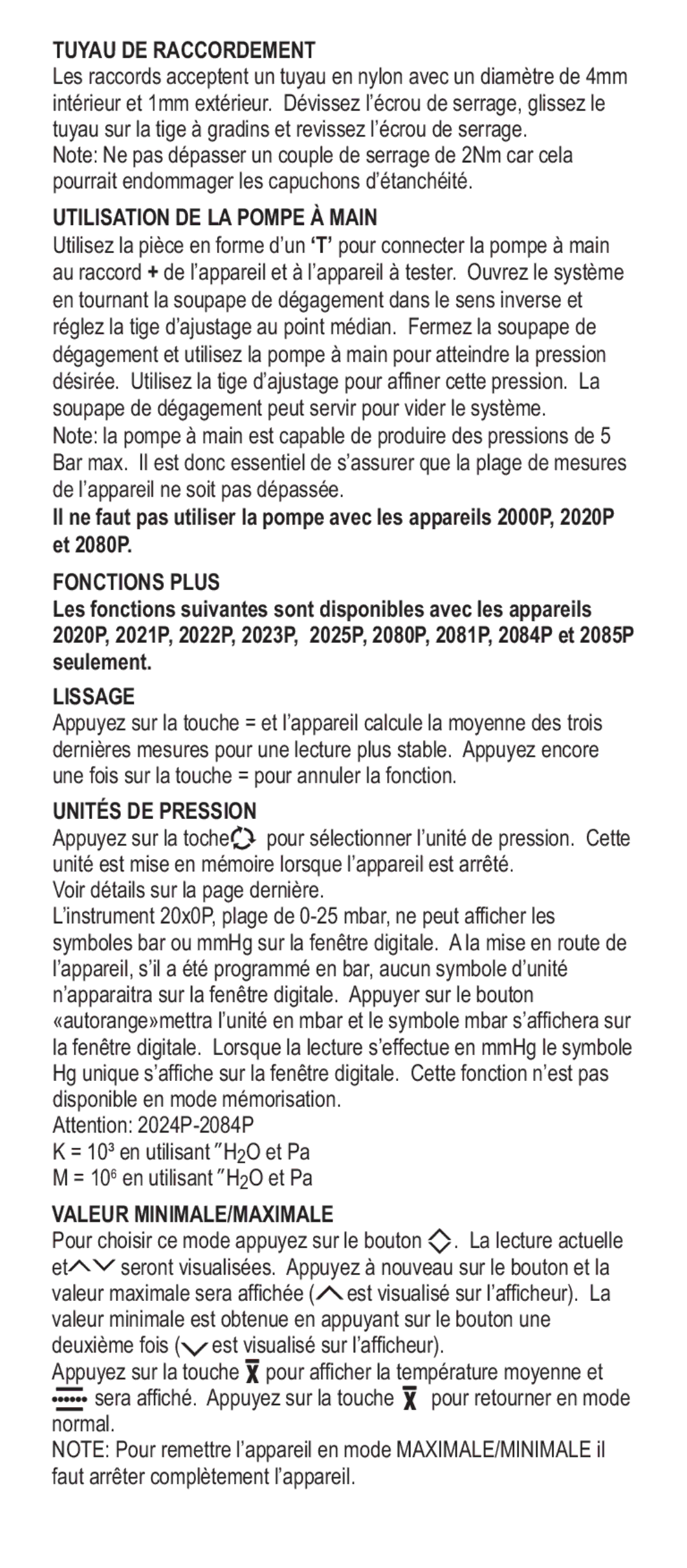 Adesso Series 2000 Tuyau DE Raccordement, Utilisation DE LA Pompe À Main, Fonctions Plus, Lissage, Unités DE Pression 