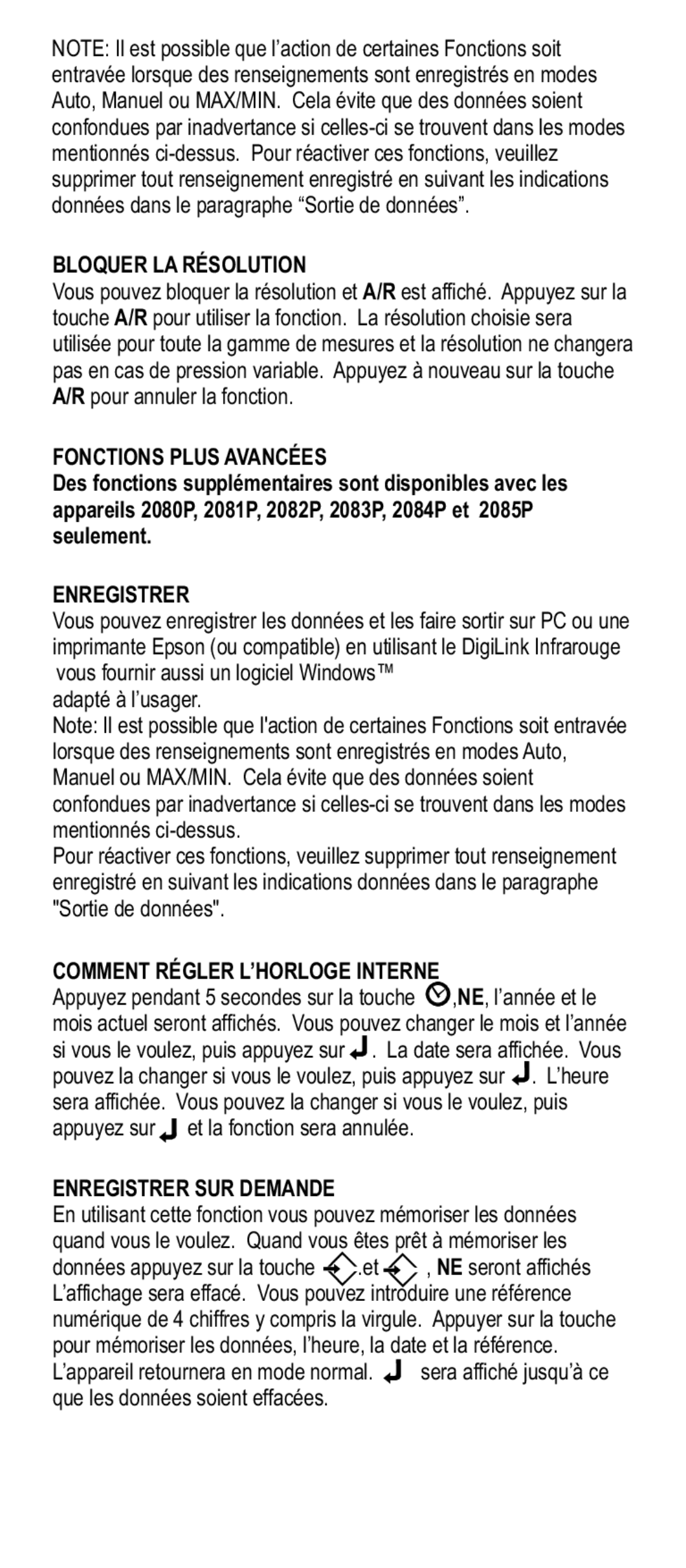 Adesso Series 2000 manual Bloquer LA Résolution, Fonctions Plus Avancées, Enregistrer, Comment Régler L’HORLOGE Interne 