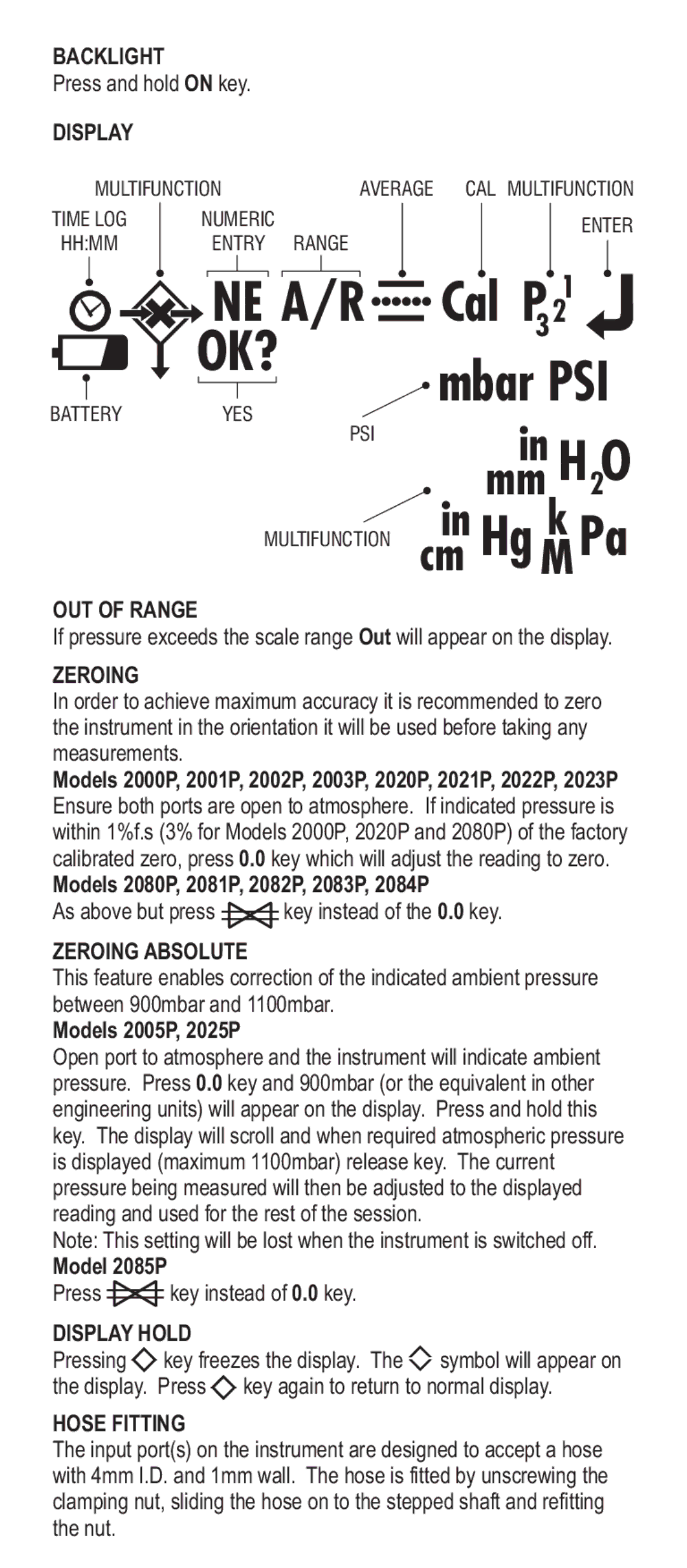 Adesso Series 2000 manual Backlight, OUT of Range, Zeroing Absolute, Display Hold, Hose Fitting 