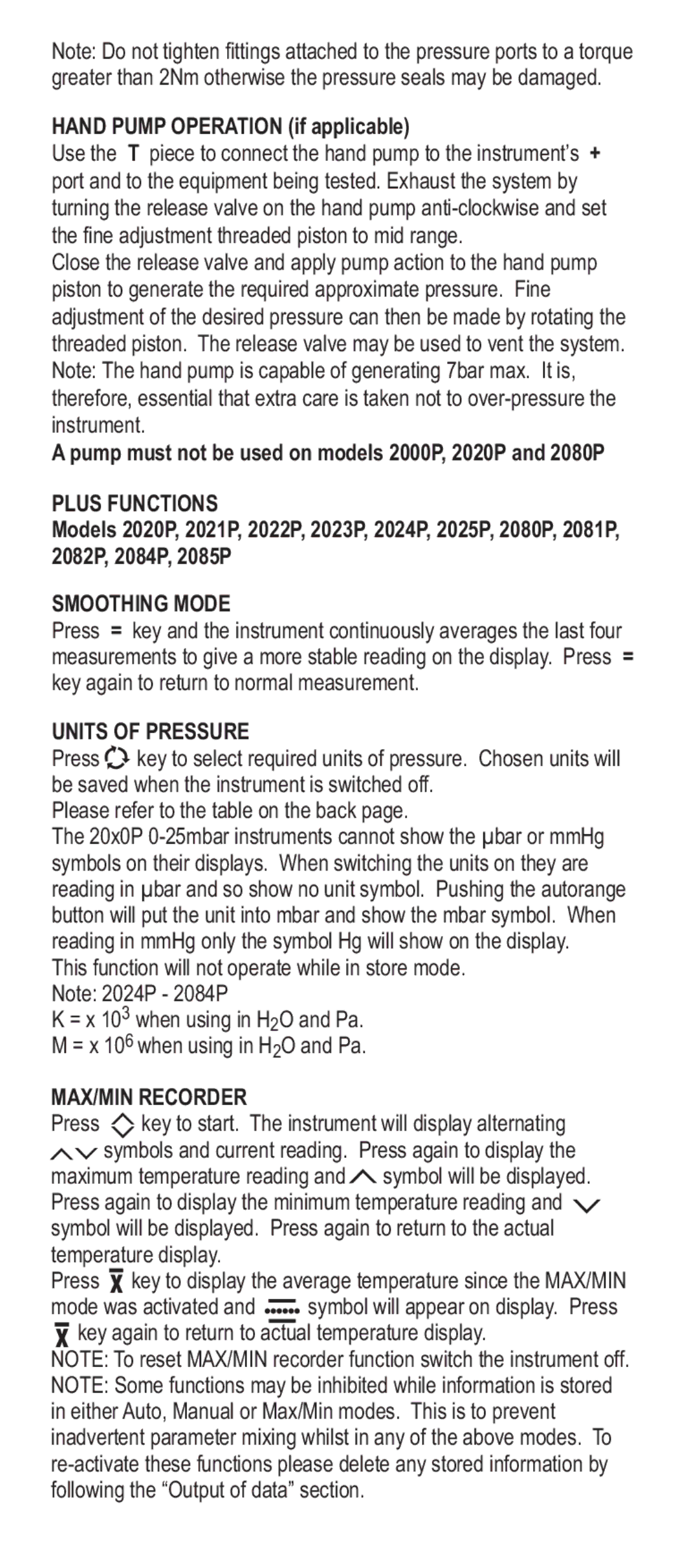 Adesso Series 2000 manual Plus Functions, Smoothing Mode, Units of Pressure, MAX/MIN Recorder 