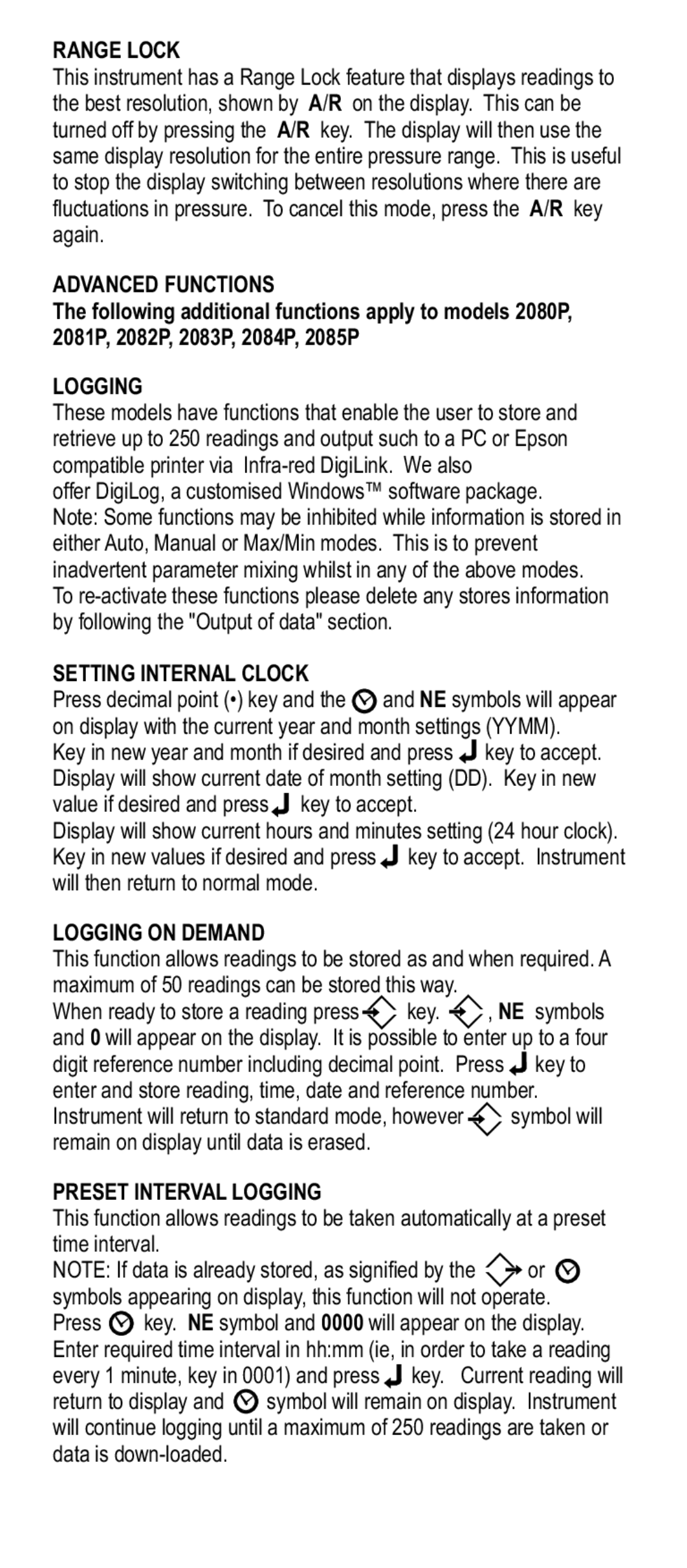 Adesso Series 2000 Range Lock, Advanced Functions, Setting Internal Clock, Logging on Demand, Preset Interval Logging 