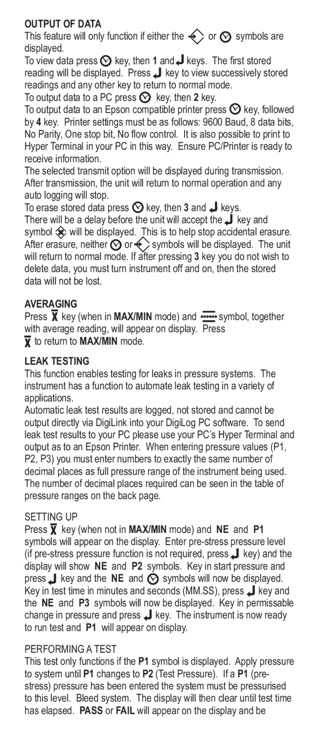 Adesso Series 2000 manual Output of Data, Averaging, Leak Testing, Setting UP, Performing a Test 