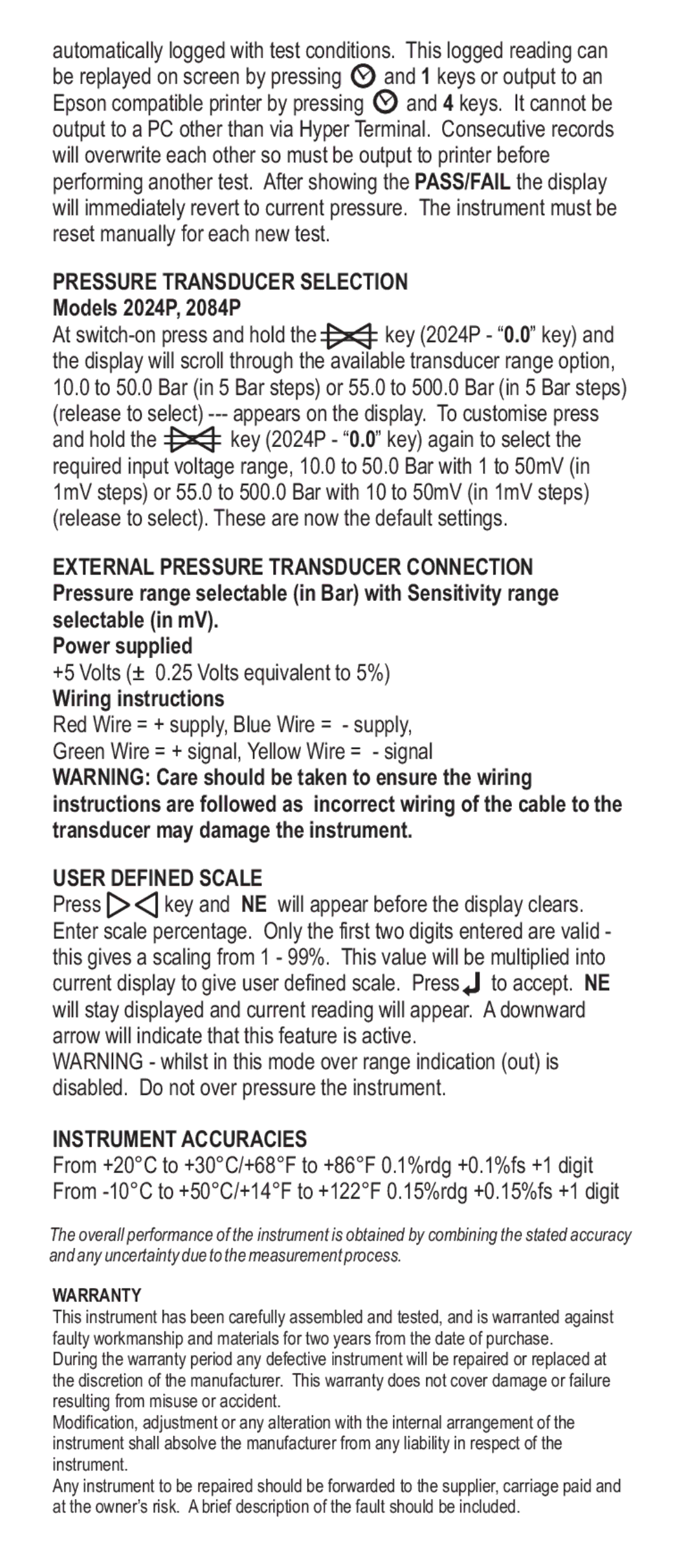 Adesso Series 2000 manual Pressure Transducer Selection, Models 2024P, 2084P, Wiring instructions, User Defined Scale 