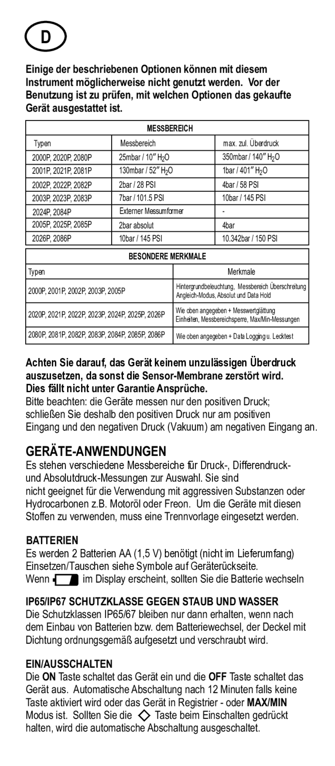 Adesso Series 2000 Geräte-Anwendungen, Dies fällt nicht unter Garantie Ansprüche, Batterien, Ein/Ausschalten, Messbereich 