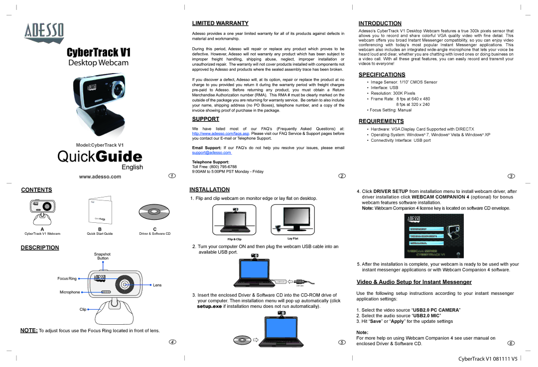 Adesso V1 specifications CyberTrack, Desktop Webcam 