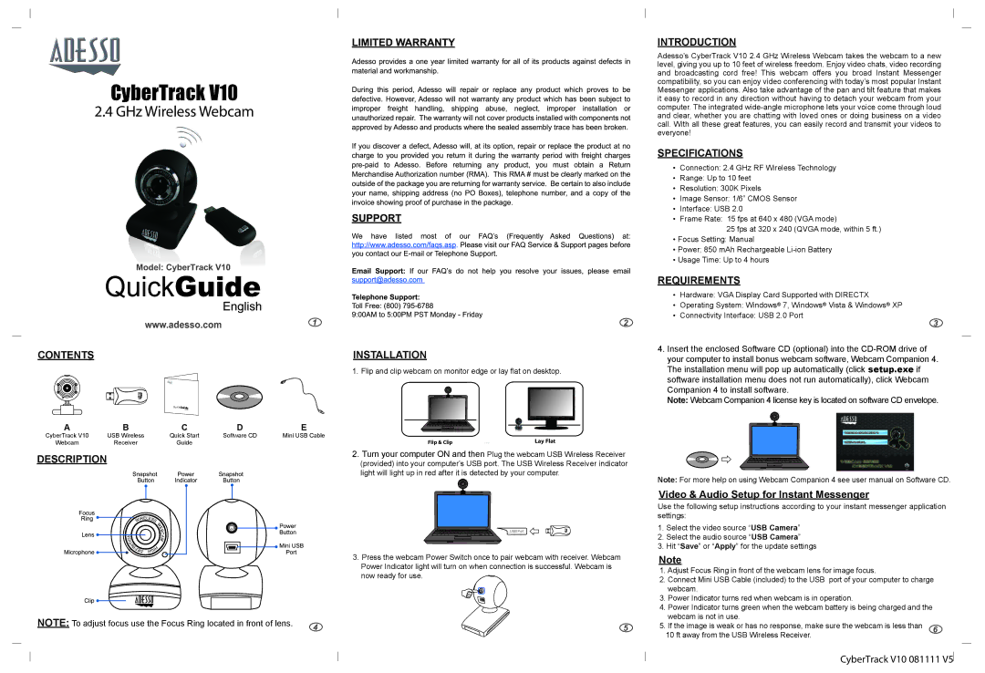 Adesso V10 specifications CyberTrack, GHz Wireless Webcam 