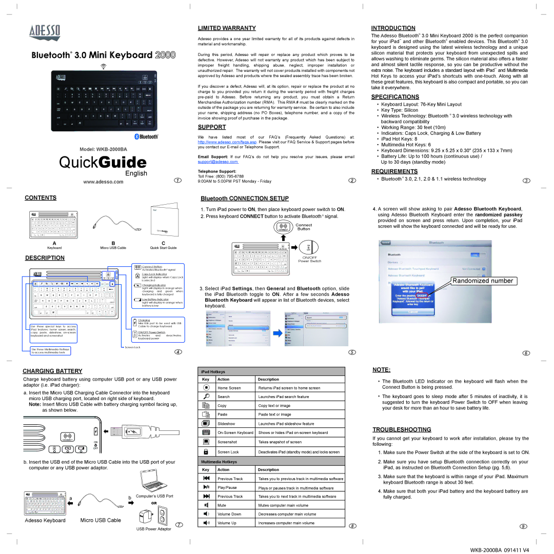 Adesso WKB-2000BA specifications Contents, Limited Warranty, Support, Introduction, Specifications, Requirements 