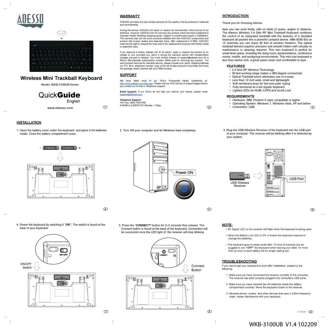 Adesso WKB-3100UB warranty Installation, Warranty, Support, Introduction, Features, Requirements, Troubleshooting 