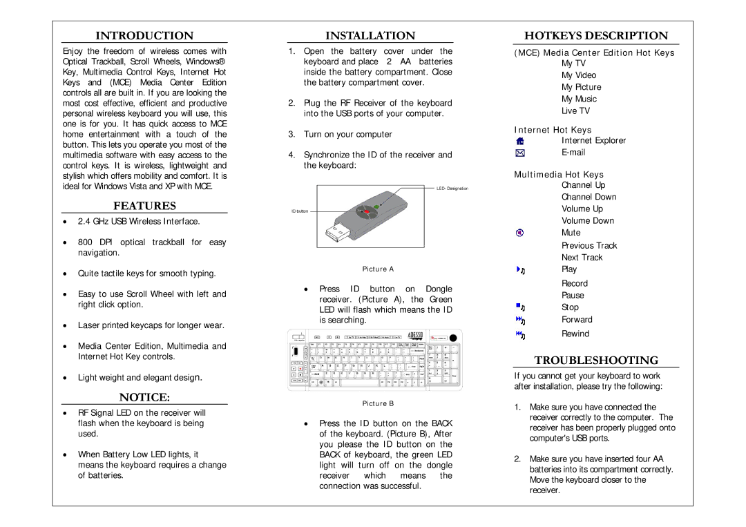 Adesso WKB-3200UB warranty Introduction, Features, Installation, Hotkeys Description, Troubleshooting 