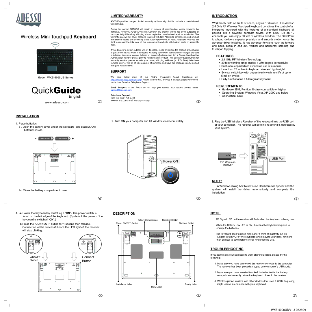 Adesso WKB-4000UB warranty Installation, Limited Warranty, Support, Description, Introduction, Features, Requirements 