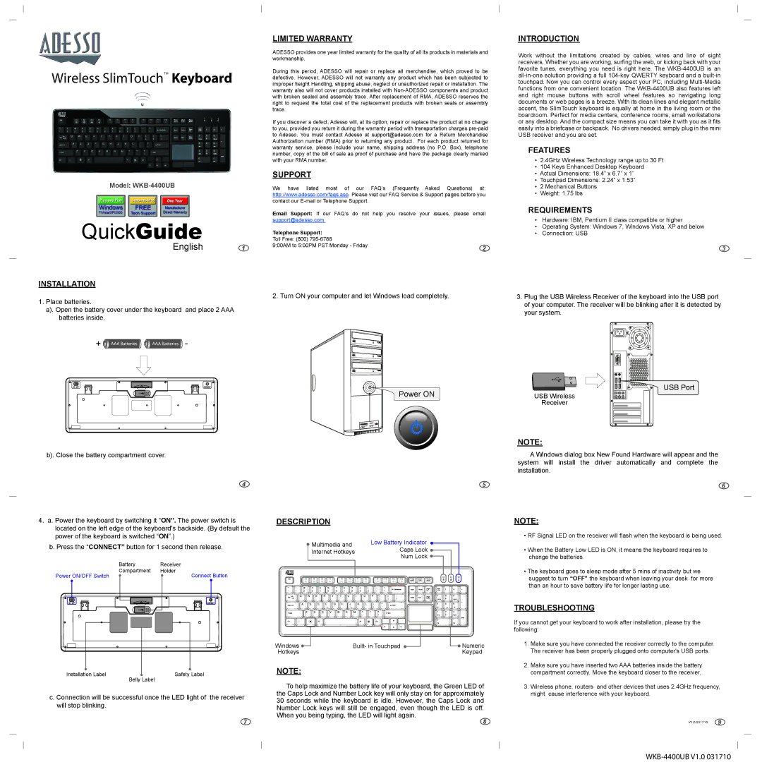 Adesso WKB-4400UB warranty Installation, Limited Warranty, Support, Description, Introduction, Features, Requirements 