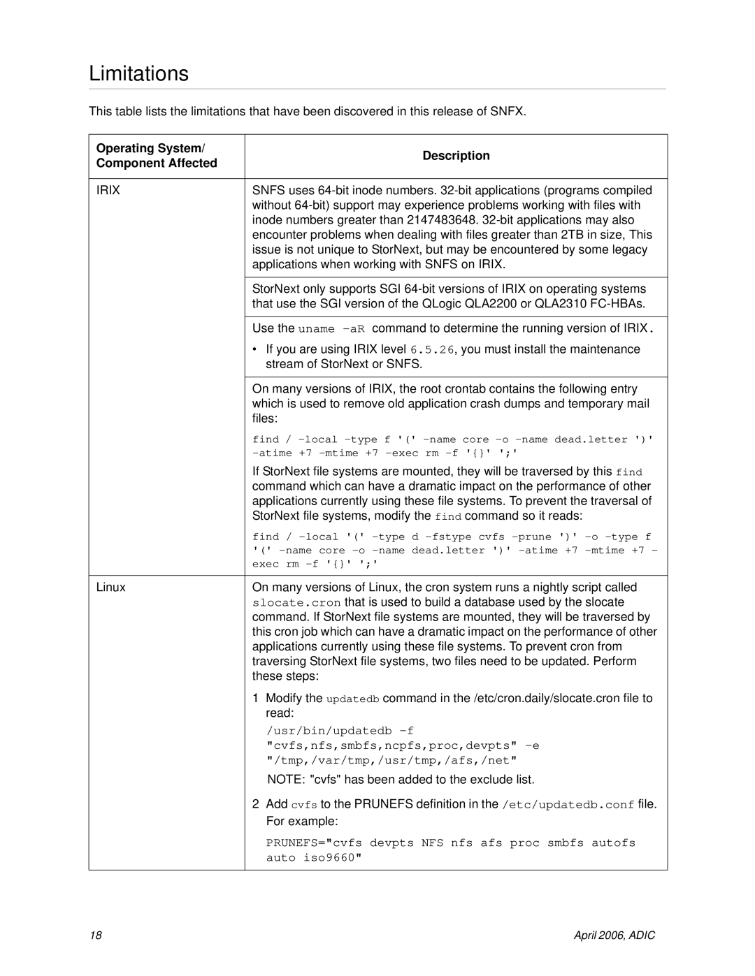 ADIC 1.3 manual Limitations, Operating System Description Component Affected 