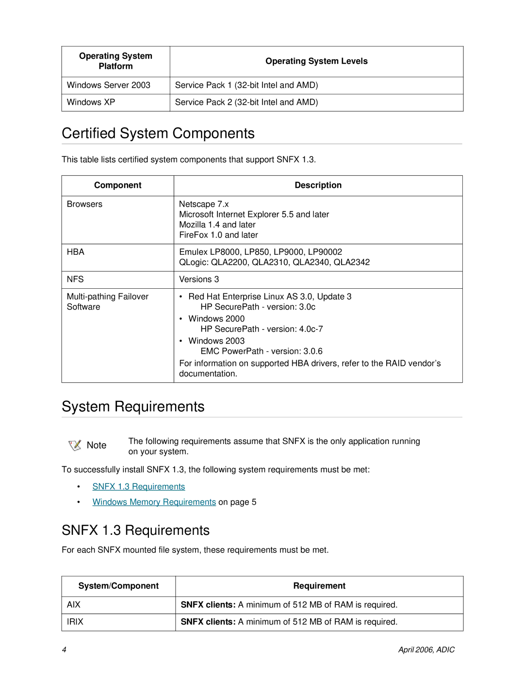 ADIC 1.3 manual Certified System Components, System Requirements 