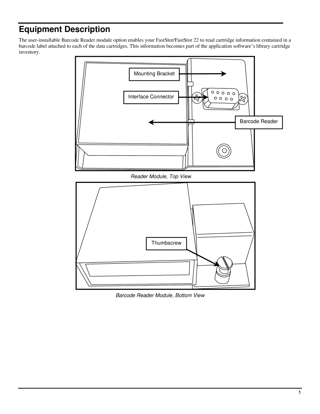 ADIC 22 manual Equipment Description, Reader Module, Top View, Barcode Reader Module, Bottom View 