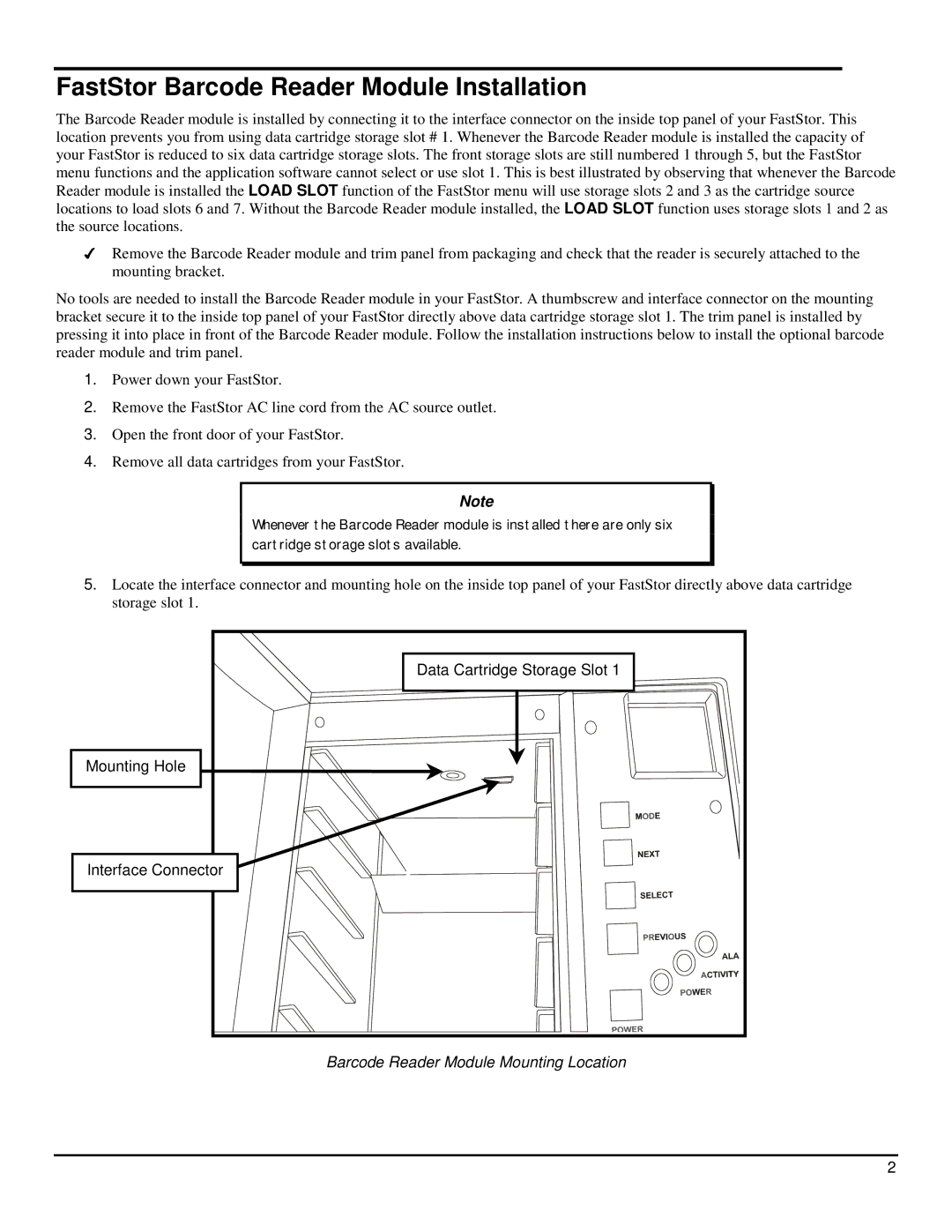 ADIC 22 manual FastStor Barcode Reader Module Installation, Barcode Reader Module Mounting Location 