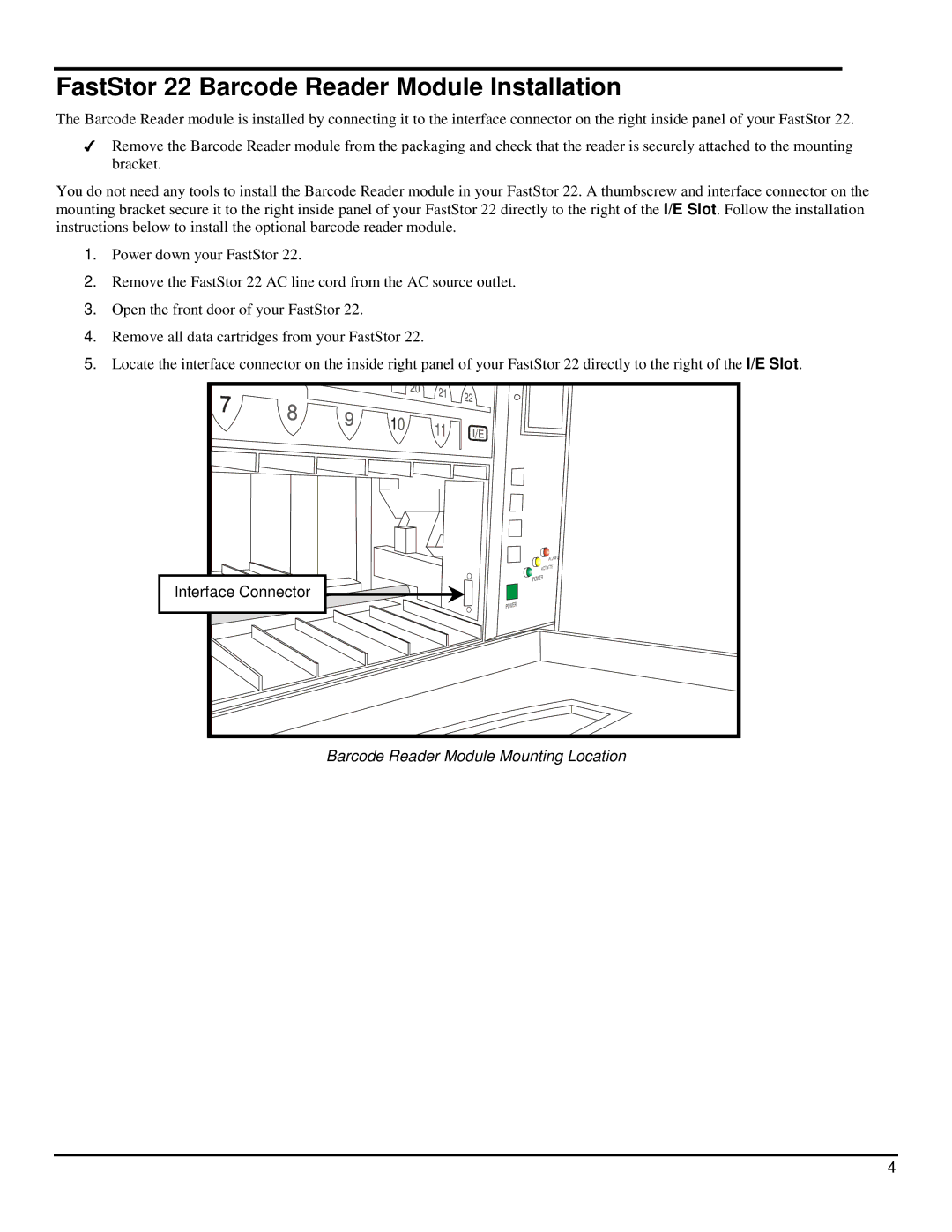 ADIC manual FastStor 22 Barcode Reader Module Installation 