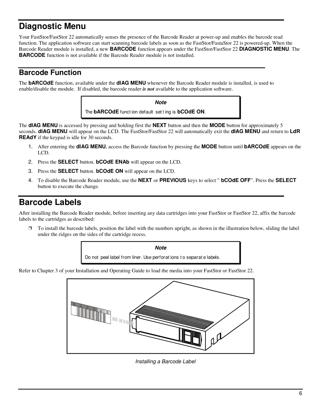 ADIC 22 manual Diagnostic Menu, Barcode Labels, Installing a Barcode Label 