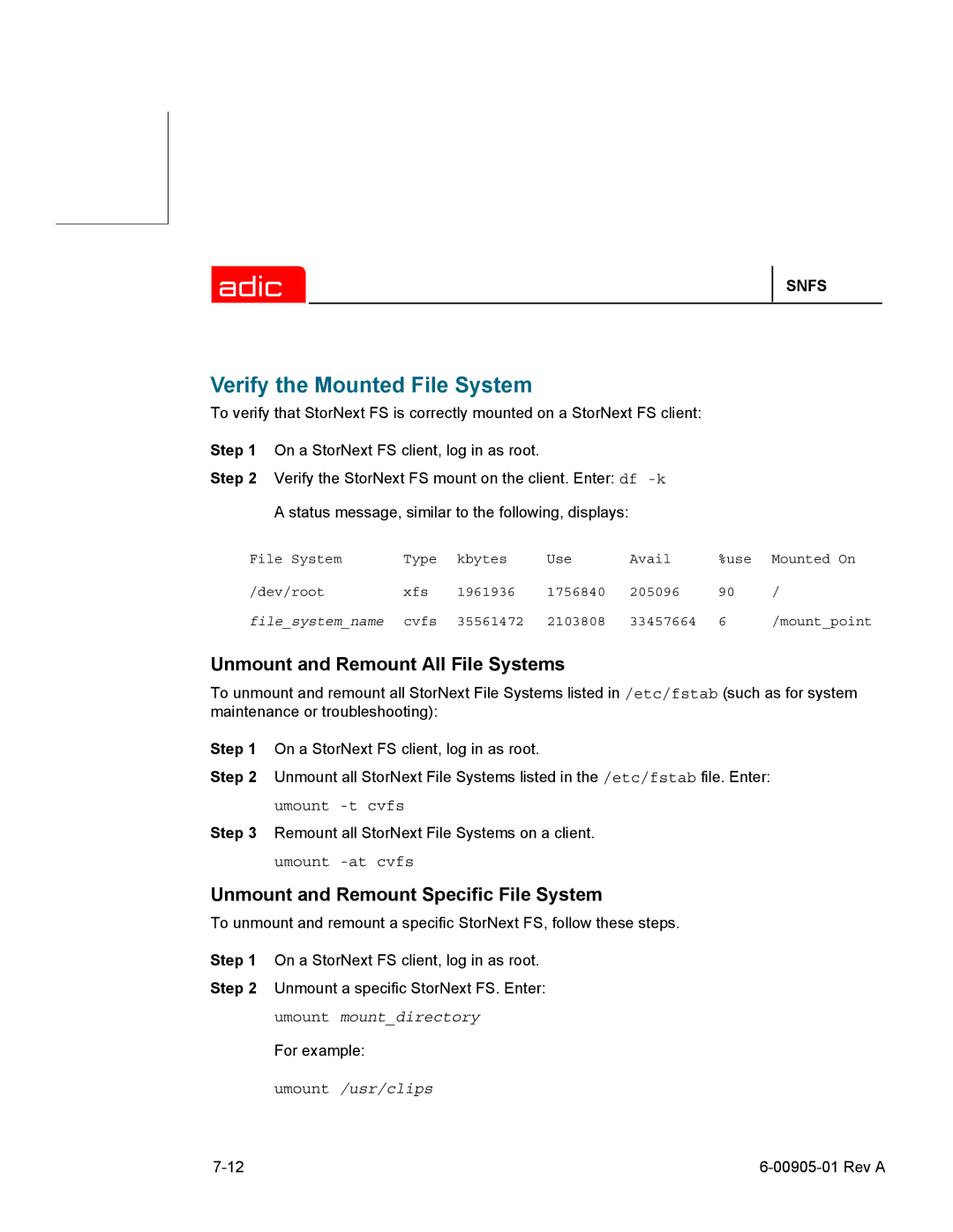 ADIC 2.2 manual Remount all StorNext File Systems on a client 