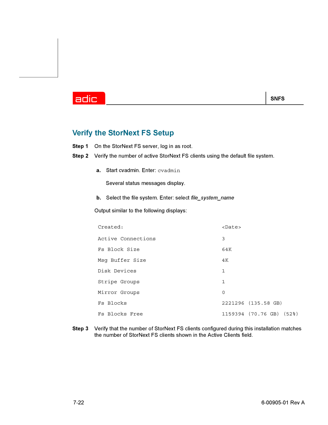 ADIC 2.2 manual Verify the StorNext FS Setup 