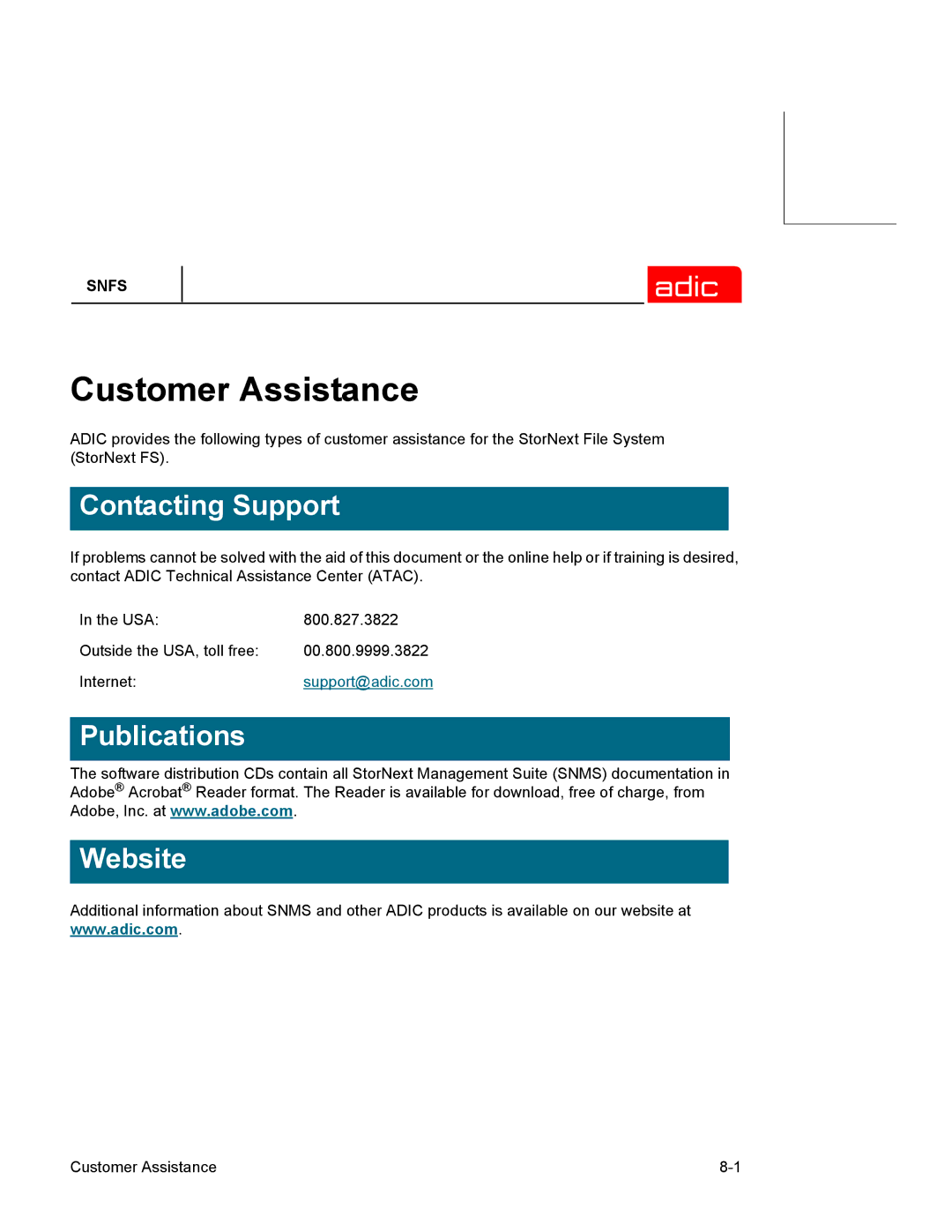 ADIC 2.2 manual Customer Assistance 