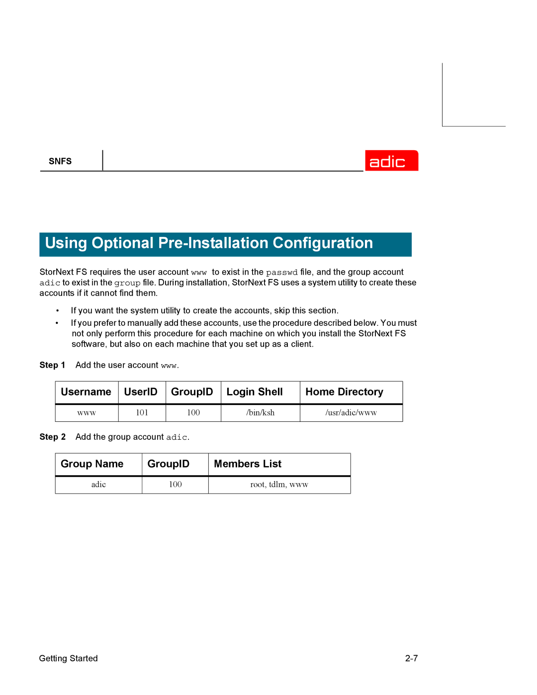 ADIC 2.2 manual Using Optional Pre-Installation Configuration, Username UserID GroupID Login Shell Home Directory 