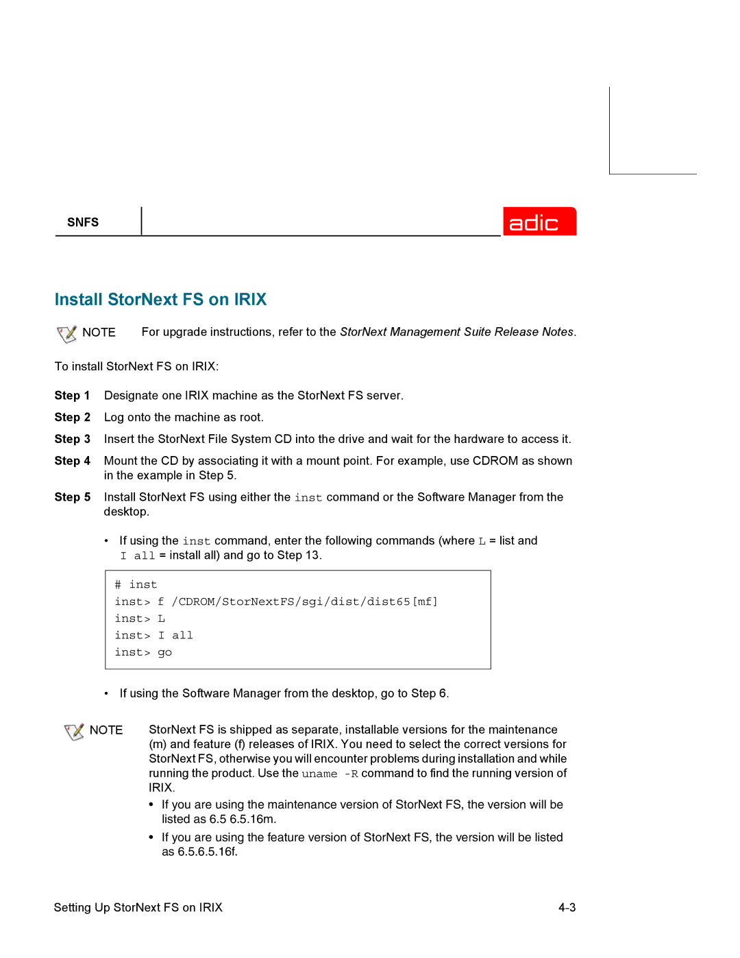 ADIC 2.2 manual Install StorNext FS on Irix 